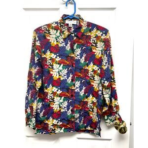 Amanda Italy Blouse Vintage Silk Floral Size S Tropical Print Shoulder Pads 90s